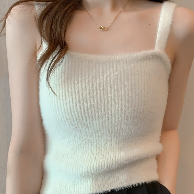 Spring and Summer Faux Mink Plush Camisole for Women, Warm Inner Vest, Outerwear Knitted Top, Soft Base Sweater