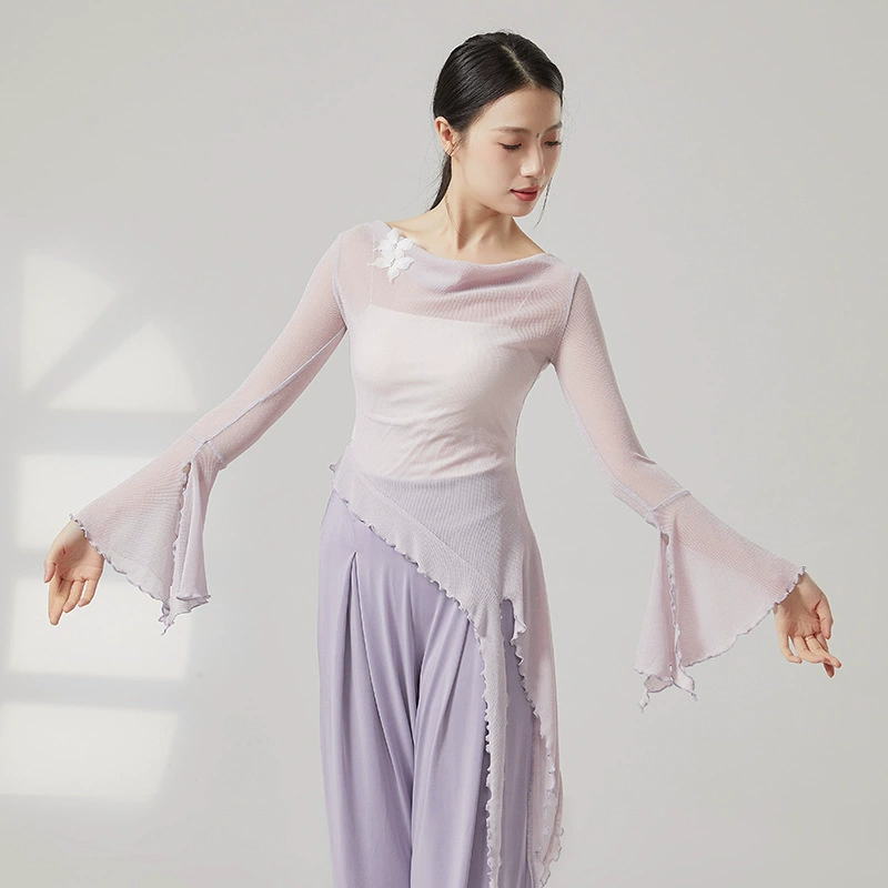 Классический танцевальный костюм с сказочным развевающимся воротником, длинными рукавами из сетки-бабочки, костюм для занятий этническим танцем в китайском стиле, одежда для коррекции фигуры.