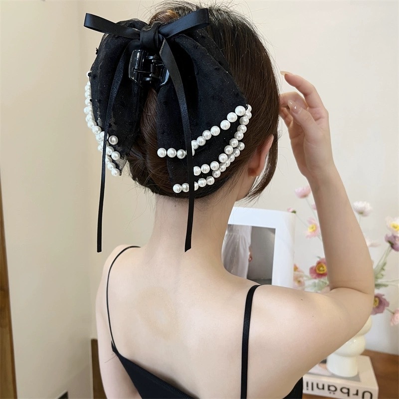 スーパーフェアリー多層リボンハーフタイヘアビーズクリップ女性の後頭部用新しいスタイルのシャーククリップハイエンドヘアクリップ|undefined
