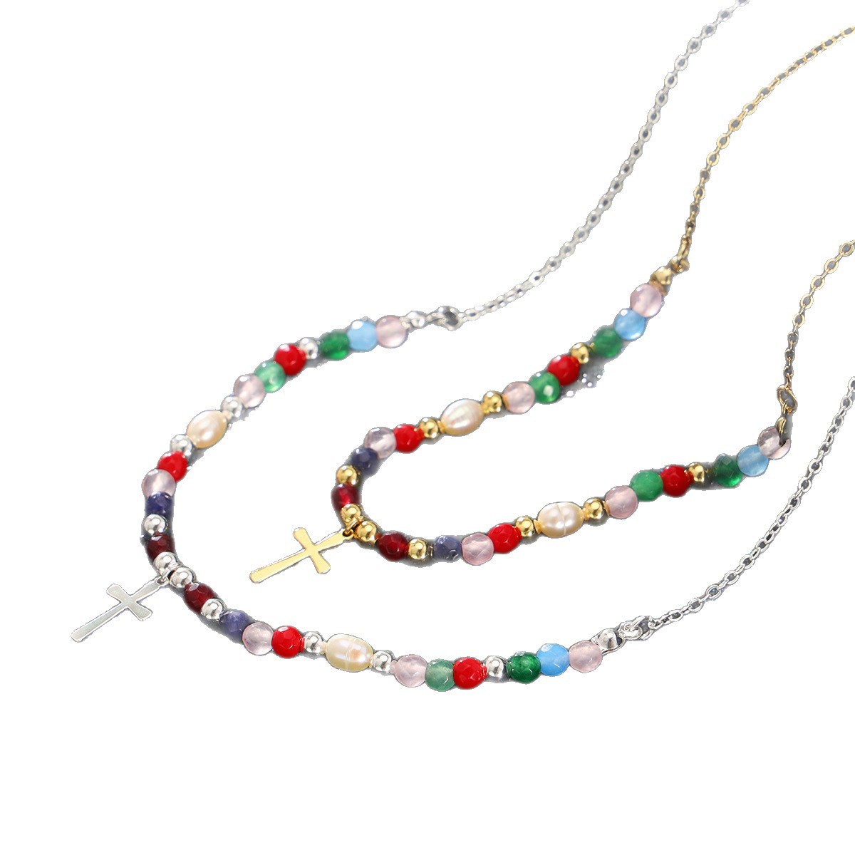 Collier de perles avec pendentif croix pour femme, style simple_voghion.com