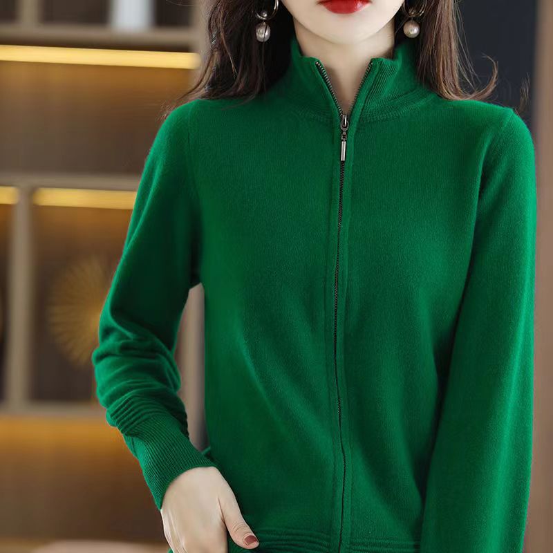 迷人半高领拉链毛衣外套2022秋冬新款韩版纯色休闲针织开衫女