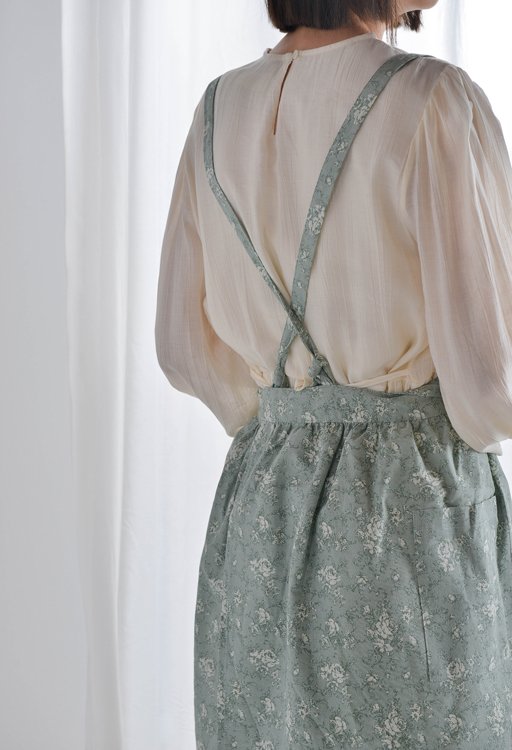 韩式印花围裙 厨房棉麻防水 可调节加长围裙 青色 1件