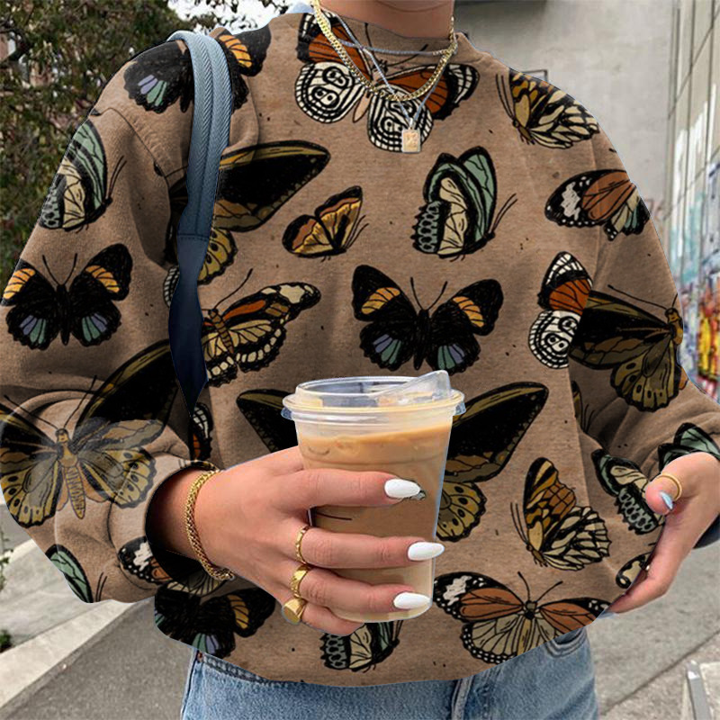 2021 New  Women Clothing  Independent Station Loose Casual Butterfly Print Women Sweater in Sweatshirts