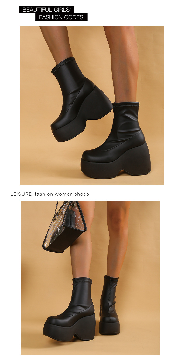 ShoeVault Plus Size Foreign Trade 2025 Spring And Autumn Thick Sole Square Toe Casual Stretch Short Fashion Martin Boots Women's_vogvips.com