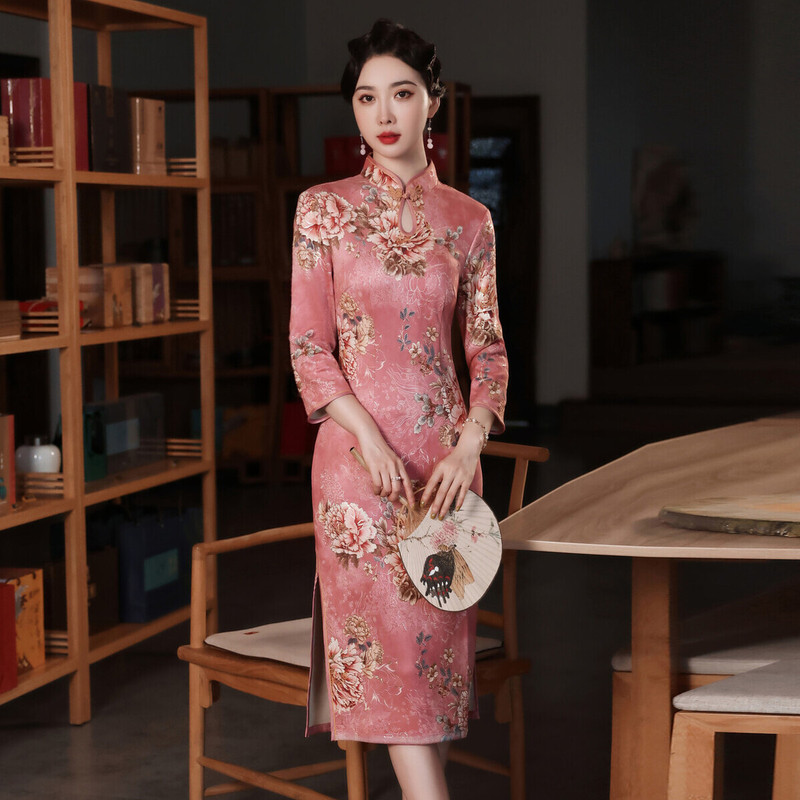 silver pink floral qipao dress chinese dress Suede bronzing mid-sleeve mid-length cheongsam banquet daily improved cheongsam skirt