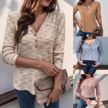 2024春秋新款女装V领套头纽扣装饰长袖T恤时尚百搭欧洲站爆款上衣