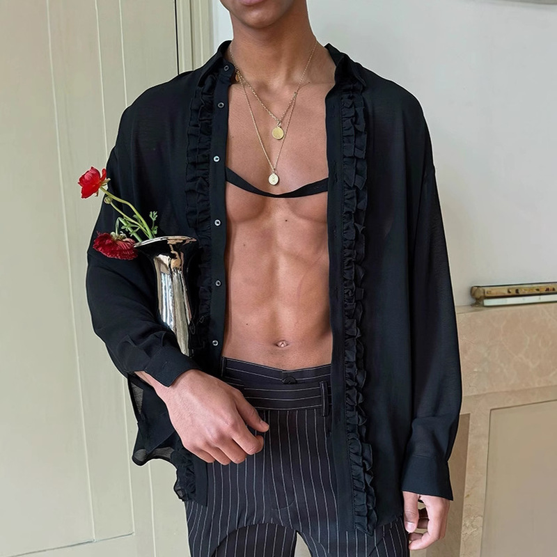 Cross-Border New Men's Simple Lace Black Chiffon Shirt Large Size Long-Sleeved Loose Casual Shirt Men's Versatile