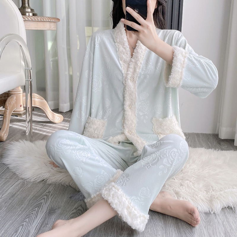【海岛绒山茶花】睡衣女海岛绒秋冬加厚法式高级感保暖家居服|undefined