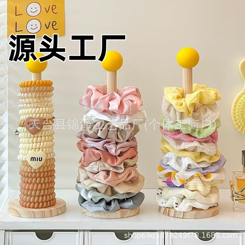 Venta directa de fábrica, anillo para el cabello del intestino grueso, cuerda de la cabeza de almacenamiento, banda de goma, clip de tiburón, estante de accesorios para el cabello de flores, estante de exhibición de madera maciza