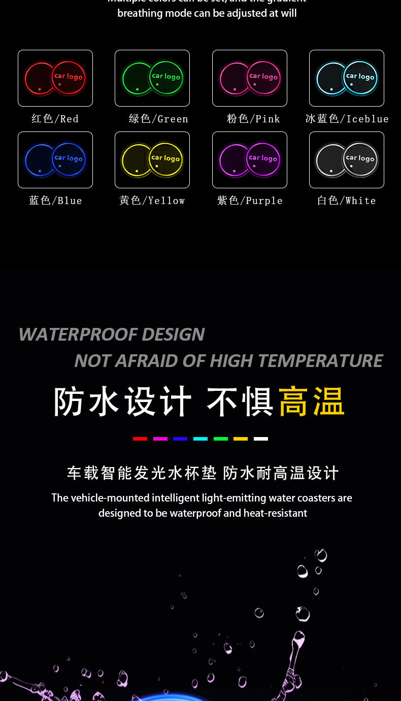 Car Led Luminous Water Coaster, Colorful Water Coaster, Car Atmosphere Light, Solar USB Charging, Anti-Slip Coaster