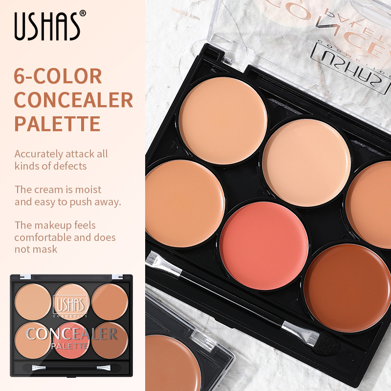 USHAS Cross-border maquillaje corrector de 6 colores paleta base impermeable ilumina el tono de la piel para una retención duradera