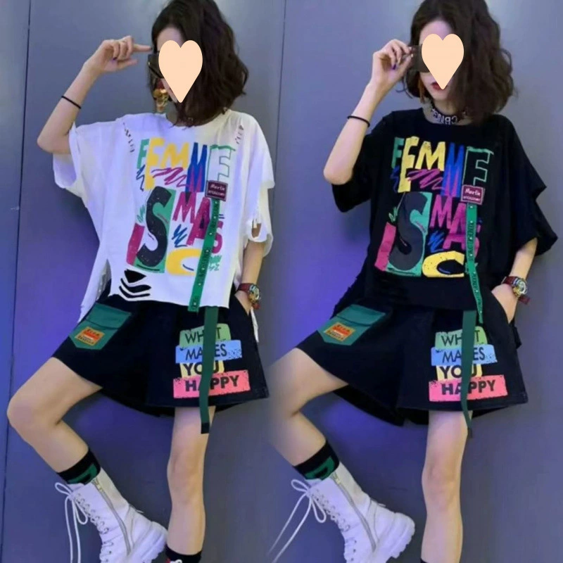 Летний спортивный костюм для женщин больших размеров, свободный, с принтом, вырезами и шортами, повседневный, двухкомпонентный.