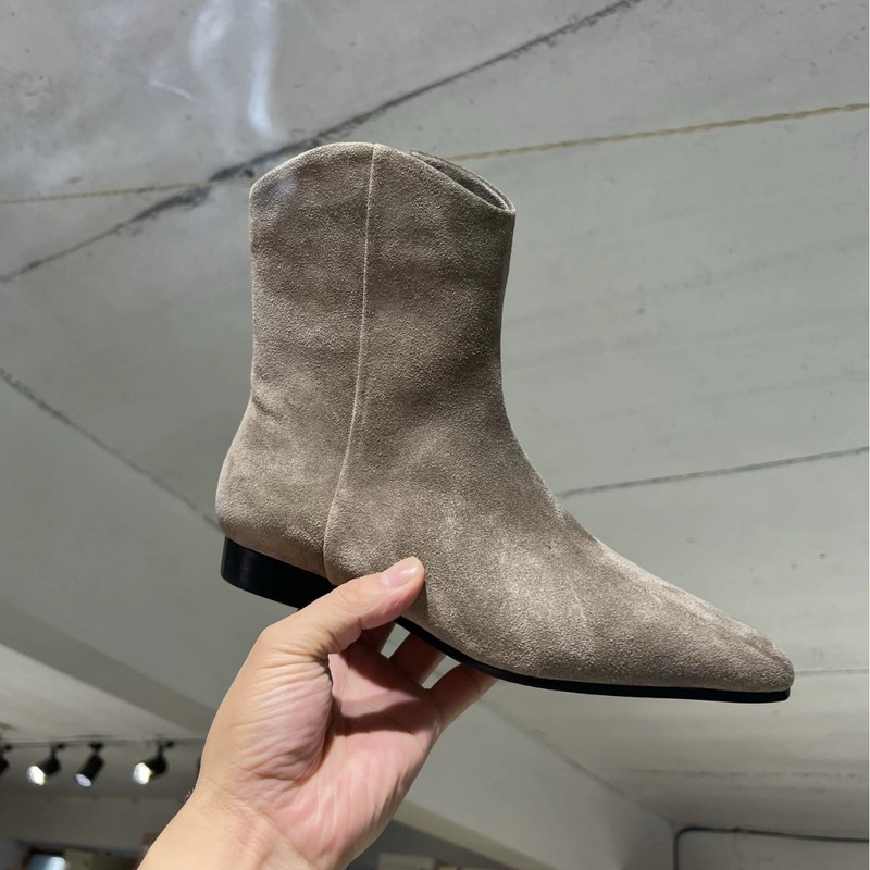牛皮版~复古软皮绒面尖头粗跟平底瘦瘦靴短靴西部牛仔靴女马丁靴|undefined