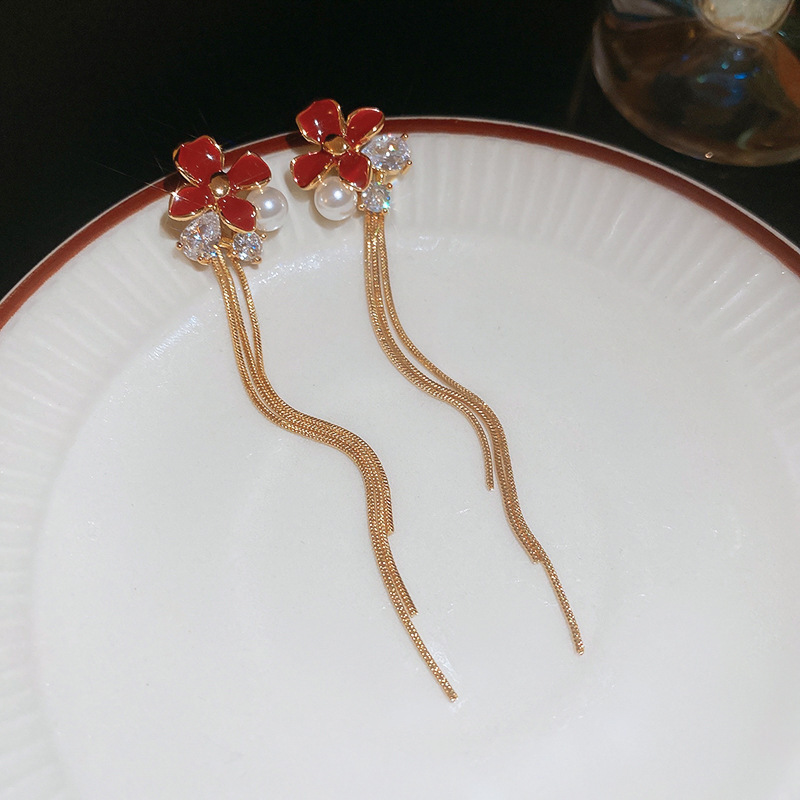 银针欧美跨境红色镶钻爱心吊坠耳环轻奢高级感耳钉精致百搭耳饰女|undefined