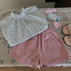 韓版童裝2024新款夏季女童碎花上衣女寶寶洋氣百搭粉色短褲兩件套