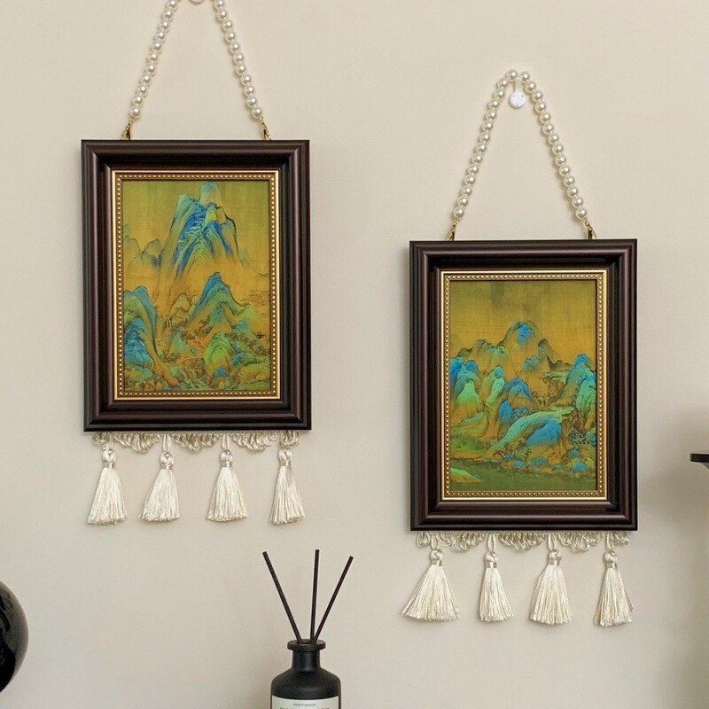 French-Style Vintage Bead Chain Hanging Painting, Landscape Painting with Thousand-Mile Scenery, Picture Frame, Background Wall Decoration Painting, Dining Room, Bedroom, Bedside Painting, Soft Decoration