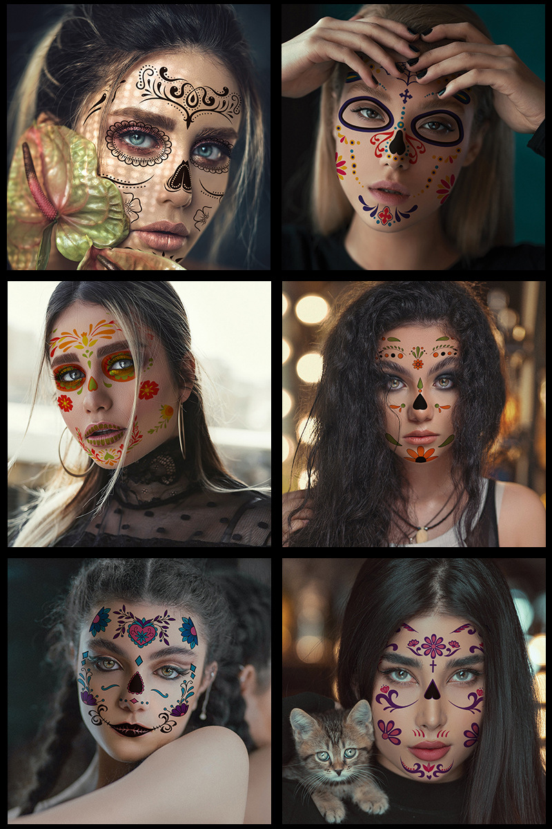 Halloween Face Mask Flowers Day Of The Dead Party Makeup Tattoo Stickers display picture 1