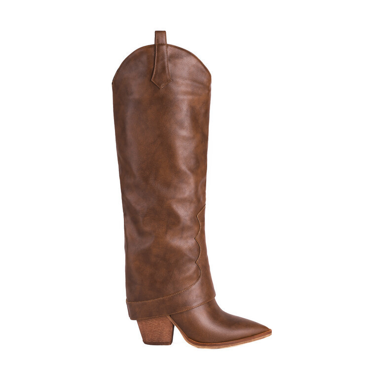 Plus-size women's fashion thigh-length boots with pointy heels and pull-over tops_voghion.com