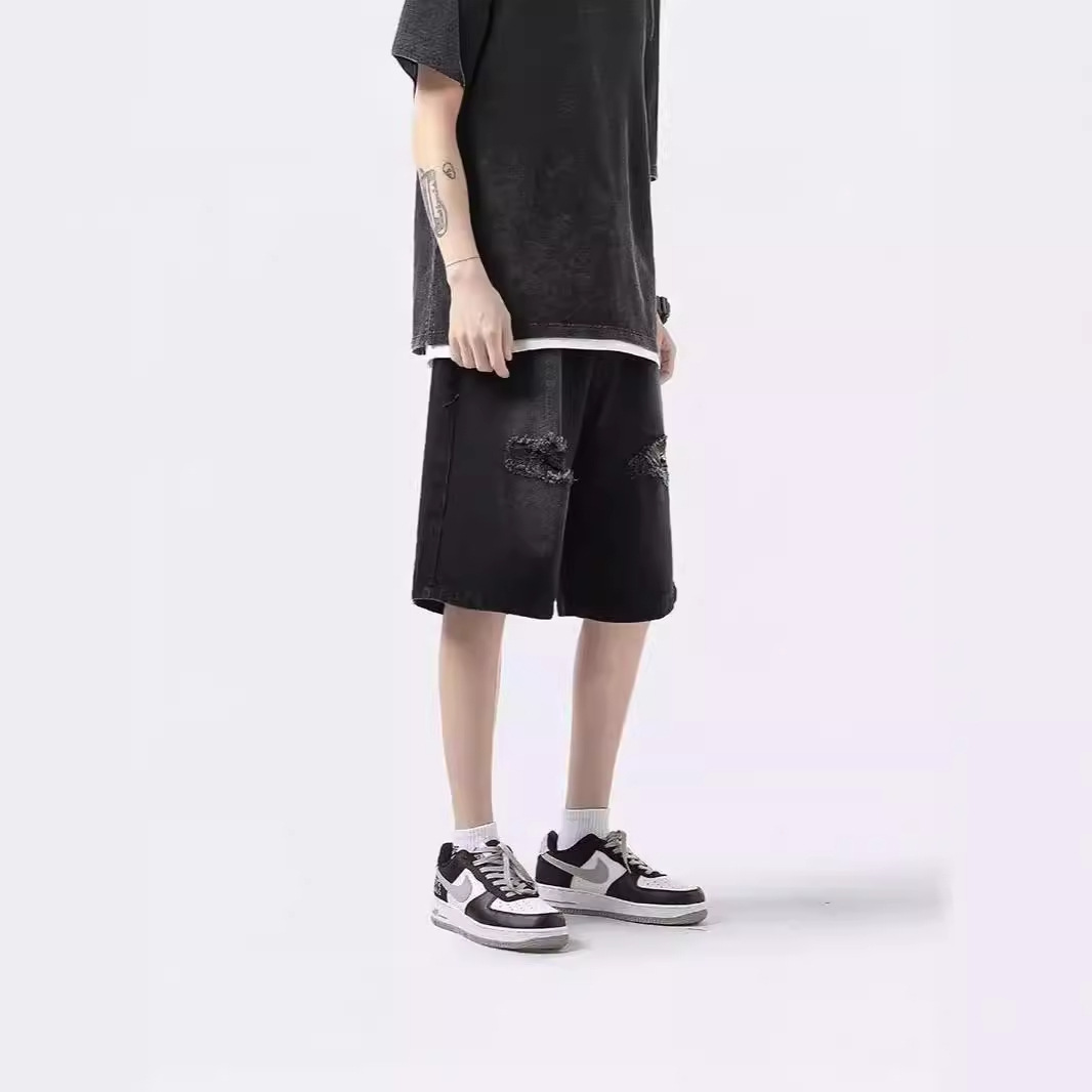 Ripped Denim Shorts Men's Summer Thin American High Street Trendy Brand Outer Wear Straight Pants Handsome Casual Five-point Pants