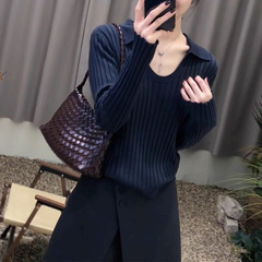 韩系穿搭翻领坑条针织衫女2025秋季新款高级感毛衣显瘦打底衫上衣