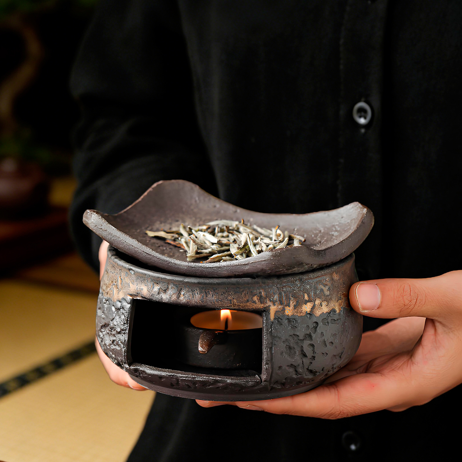 Coarse Pottery Tea Roasting Stove for Home Use, Tea Fragrance Enhancer, Candle-Heated Tea Roaster, Tea Warming and Drying Device, Tea Ceremony Accessories