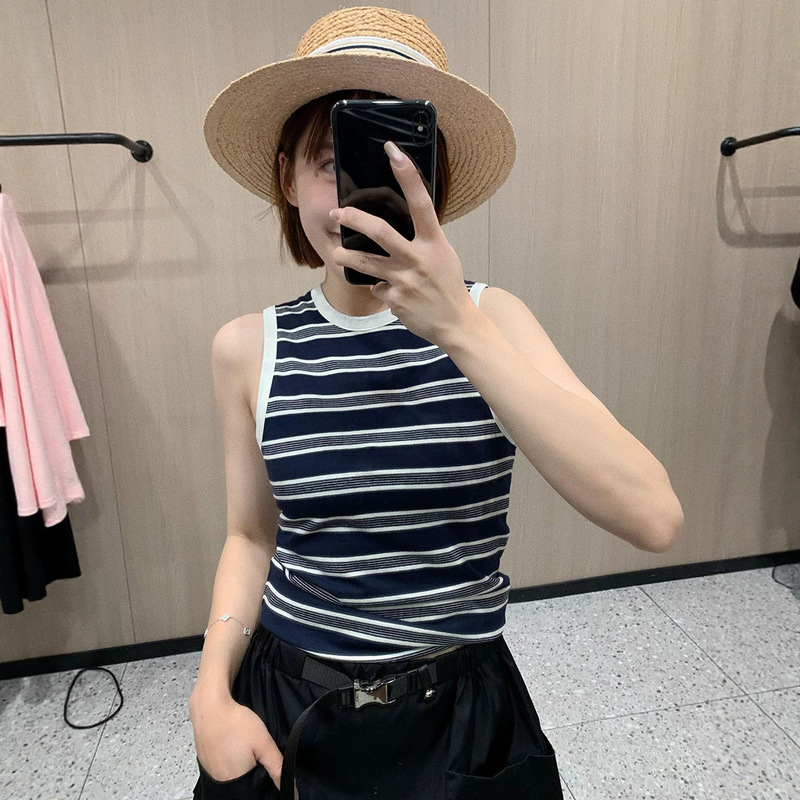 Ys1 Color-Block Striped Round-Neck Women's Knit Wide-Shoulder Tank Top with Embroidered Letters 26 Summer Slim-Fit Halter Basic Style
