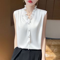 新中式夏季气质法式V领无袖衬衫花边领T恤背心女外穿宽松大码上衣