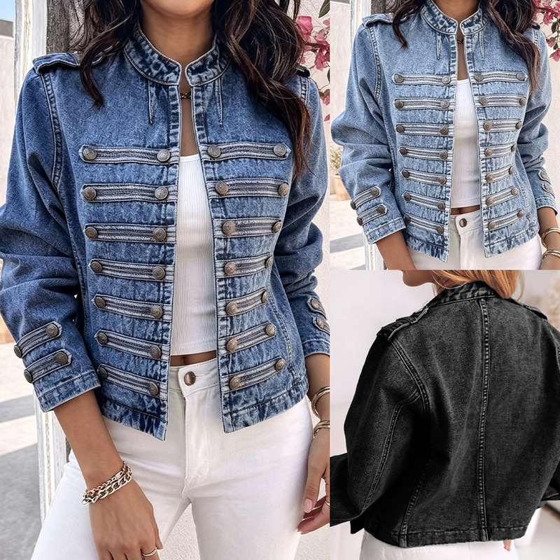 Cross-Border Women's Fashion European and American Style Denim Jacket 2026 New Model Stand Collar Multi-Button Decorative Short Jacket for Women Cross-Border Women's Fashion European and American Style Denim Jacket 2026 New Model Stand Collar Multi-Button Decorative Short Jacket for Women
