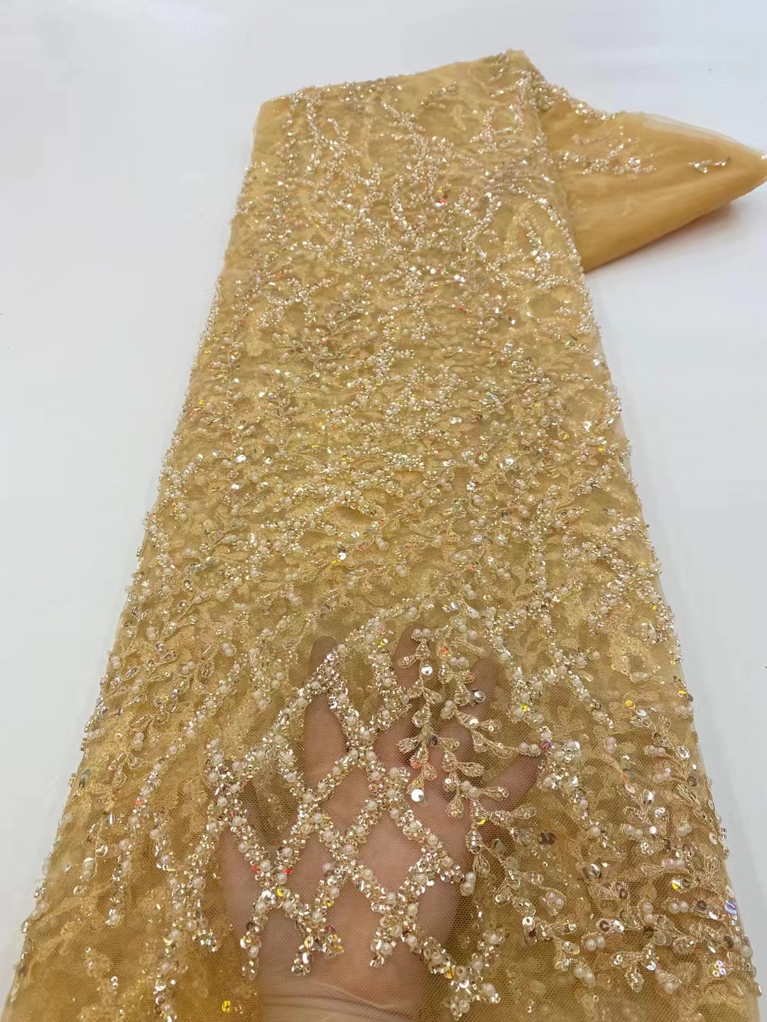 Verano lentejuelas con cuentas bordado tela vestido de novia tela de moda europea y americana con cuentas de encaje JX3410