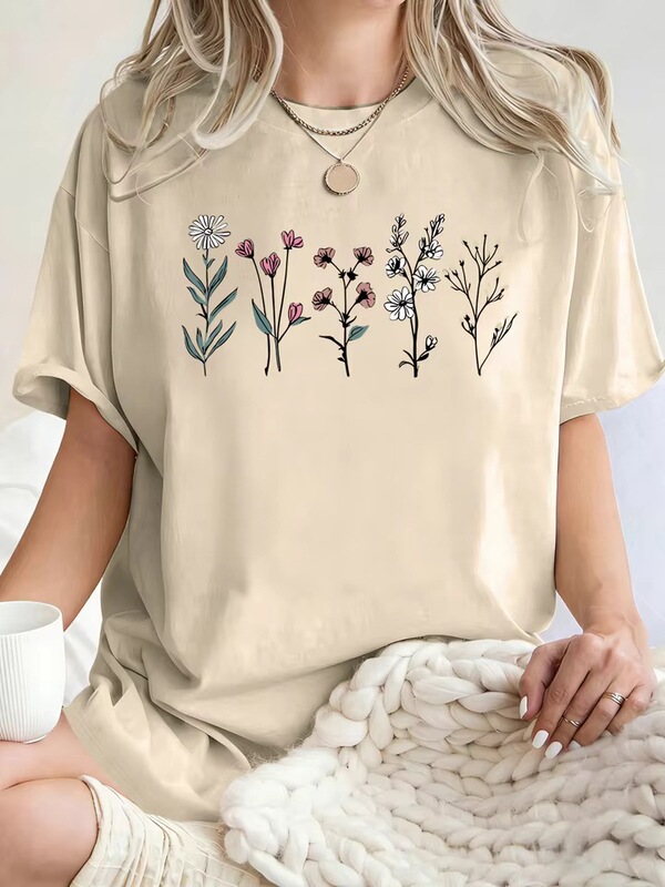 【Cross-Border European Size】Various Beautiful Floral Print T-Shirts for Women, Cotton Loose-Fitting T-Shirts, All-Match Summer Clothing