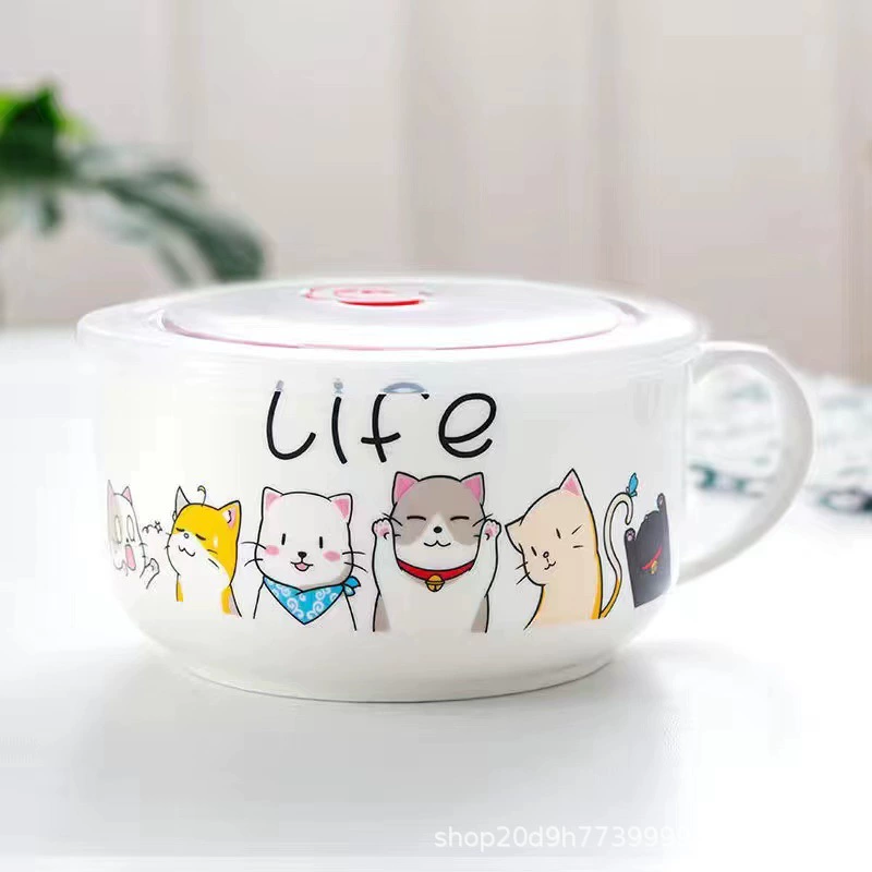 Microwave ceramic noodle bowl with lid and handle, 5.25″ and 6″, cute printed designs