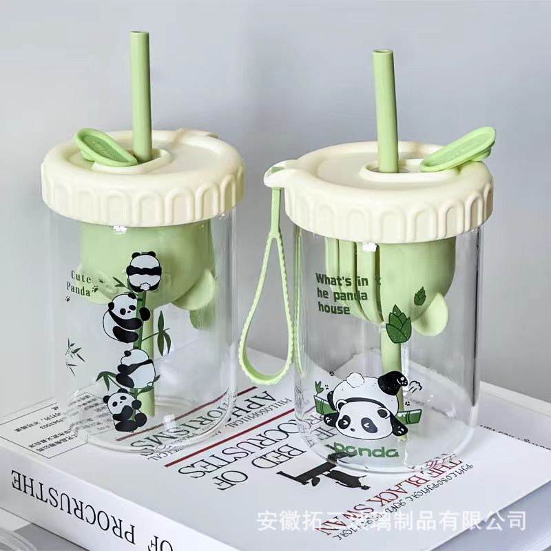 Panda Cute Glass Tea Separating Cup Student Portable High Borosilicate Glass Cup with Lid Straw Cup Tea Filter Cup
