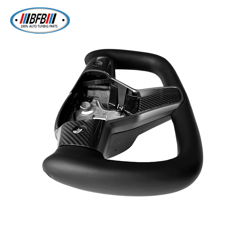 100% Real Carbon Fiber Yoke Steering Wheel - For Tesla Model Y 3 - Black Alcantara Leather, Aircraft Style