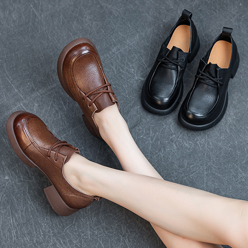 Women's Single Shoes  Autumn New Thick Heel Soft Sole Washed Full Grain Soft Calfskin Retro Style Women's Laced Deep Mouth Shoes
