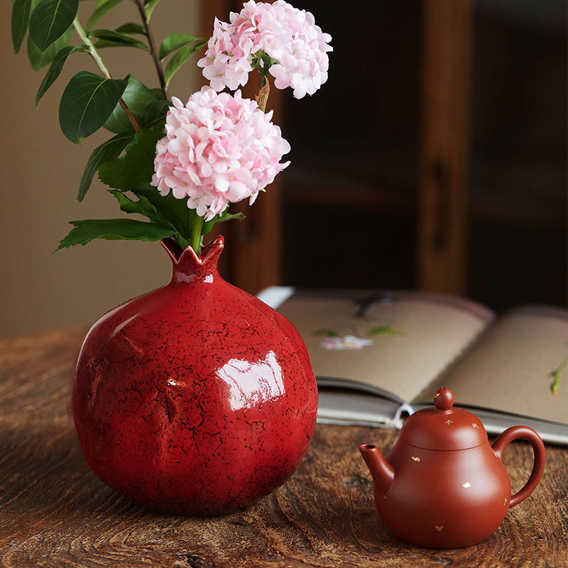 陶美集红色仿真石榴花瓶摆件客厅插花中式家居茶室饰品干插花花器|undefined