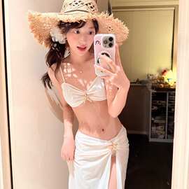 性感度假风海星抹胸分体长裙比基尼泳衣女白色海岛风度假温泉套装