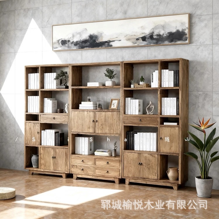 Old Elm Living Room Bookshelf Solid Wood Weathered Board Partition Cabinet Antique Display Rack New Chinese Style Bookcase Storage Rack