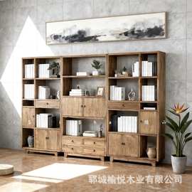 老榆木客厅书架实木风化板隔断柜古董展示架新中式书柜置物架