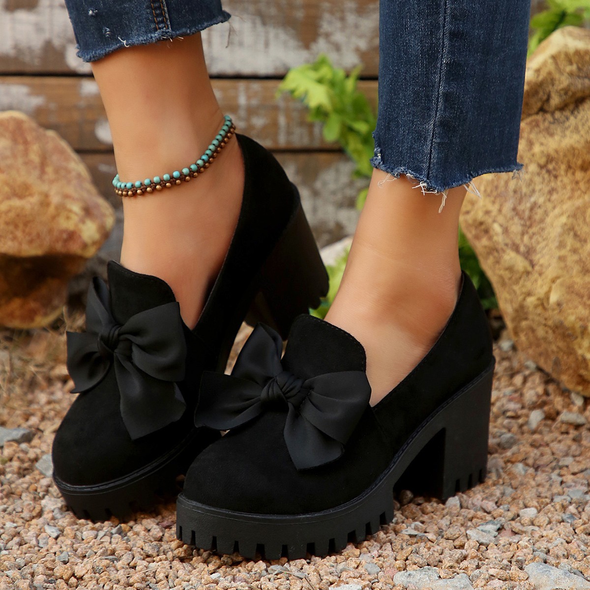 Women's plus Size High Heeled Shoes Bow Details Chunky Heel Platform Spring Fashion Footwear_voghion.com