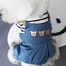 厂家批发狗狗衣服日系条纹背带裤网红秋冬天保暖牛仔裤比熊四脚衣
