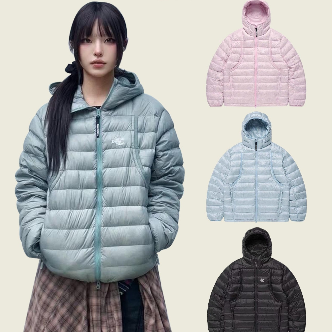 Korean Niche Trendy Brand Cavish Rib down Jacket Women's 90 Gray Duck down Hooded Warm and Light down Jacket