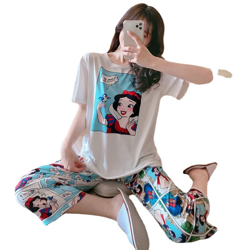 Conjunto de Pijama de Manga Corta y Pantalón Pirata para Mujer de 2 Piezas, Seda de Leche, Transpirable y Cómodo