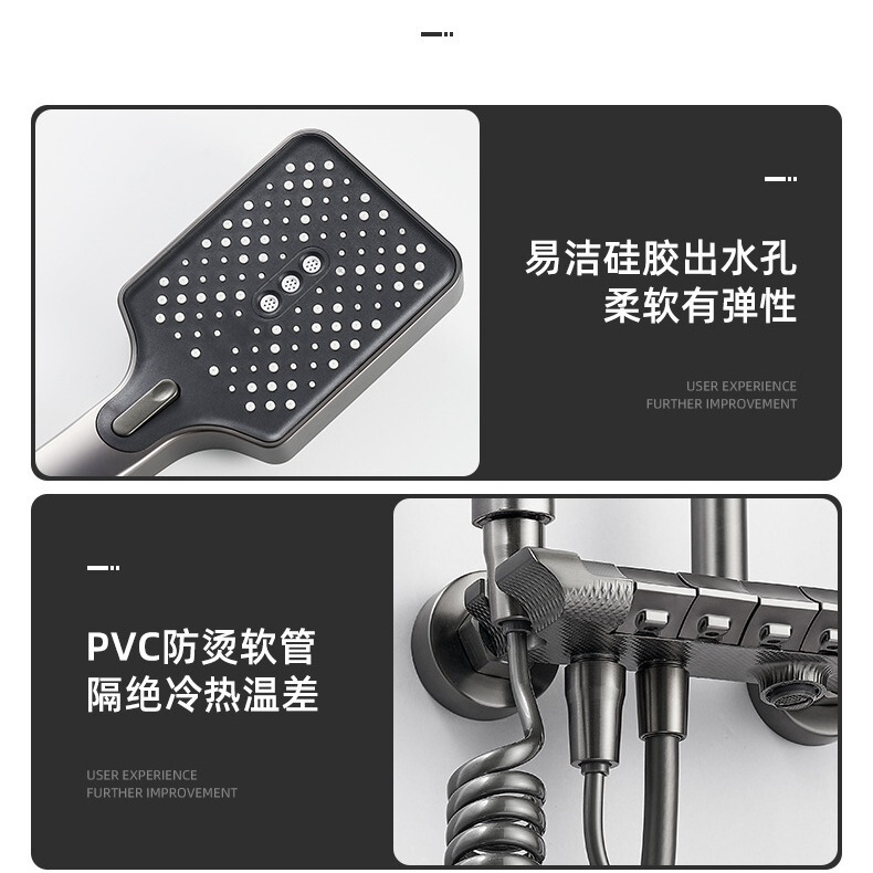 老铜匠淋浴花洒套装一整套枪灰色方形全铜家用浴室手持增压花洒|undefined
