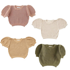 2022 Summer New Girls' Short Sleeve Top Lace Knit Top Girls' Baby Bubblesleeve Clothing Little Girls T-Shirt