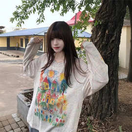 【工厂直销】彩色手绘涂鸦防晒罩衫女夏季薄款慵懒风长袖t恤上衣