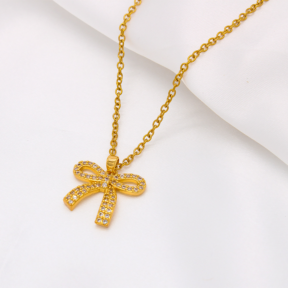 Simple Style Bow Knot Stainless Steel Inlay Zircon Pendant Necklace 1 Piece