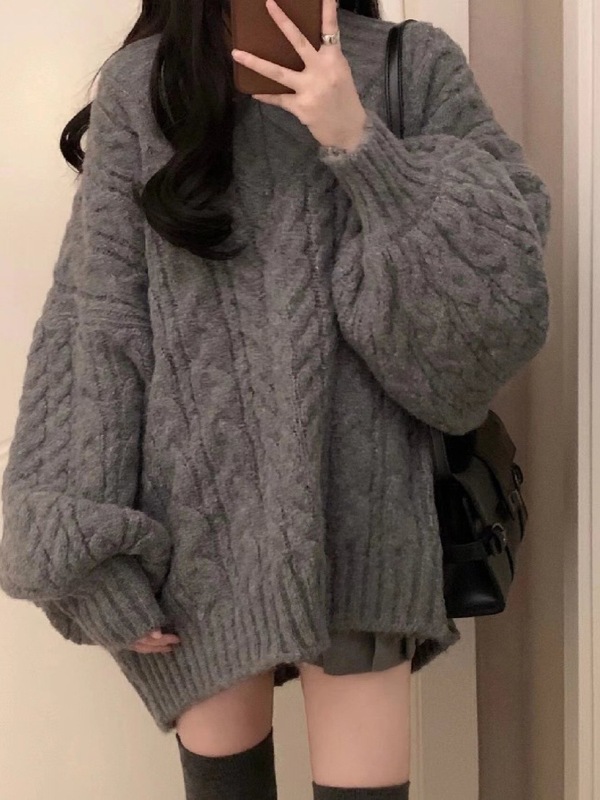 灰色麻花v领毛衣女秋冬2025新款中长款毛衣裙慵懒风宽松上衣|undefined