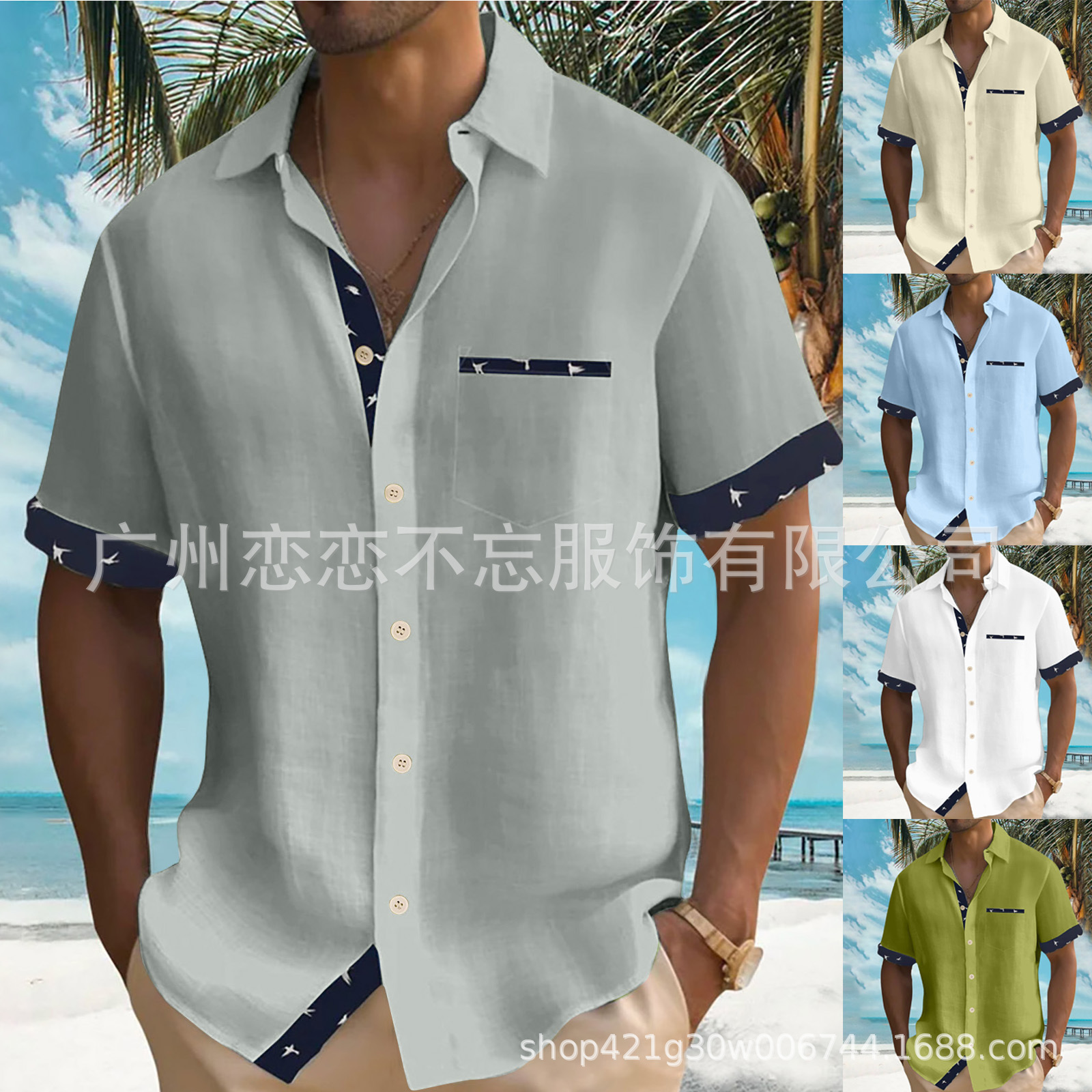 2023夏威夷海滩度假衬衫短袖开衫男袖口门襟拼接小鸟印花翻领衬衫