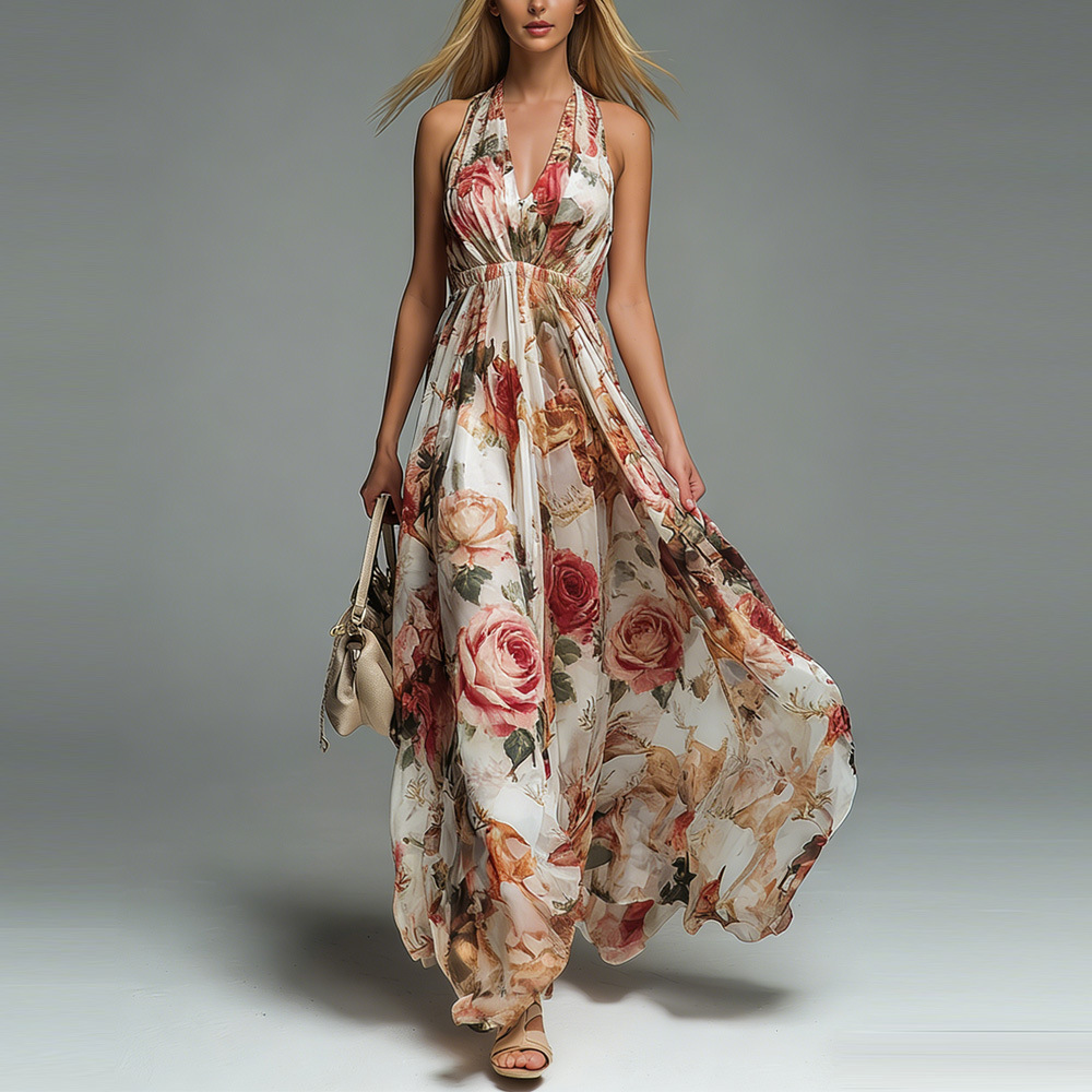 New Women's Printed Casual Neck Sleeveless V-Neck Dress Women_ecoleips.com