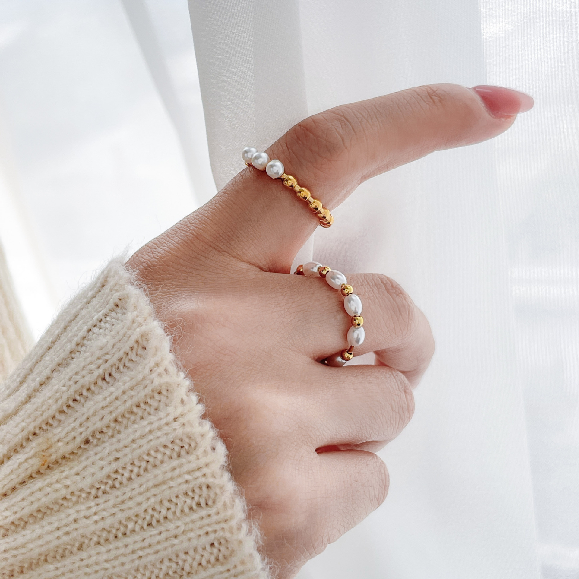 9g Weight Pearl Inlay Material Rings Classification 6, 7, 8 Ring Size 1 Piece Quantity Holiday, Daily Occasion Titanium Steel Material Geometric Pattern Women's Gender Inlay Design Retro, French Style Style Wholesale Jewelry Retro French Style Geometric Titanium Steel Pearl Inlay Rings 15